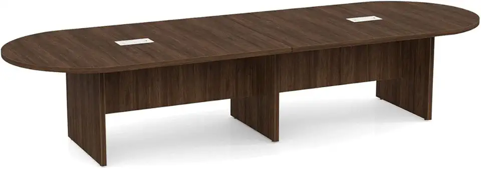 Thaweesuk Shop 12 FT Walnut Finishes Modern Executive Racetrack Shaped Conference Room Table Panel Legs Wood Grommets Boardroom 2 Power Data Modules Black Meeting Laminate Oval Desk Office Hardwood