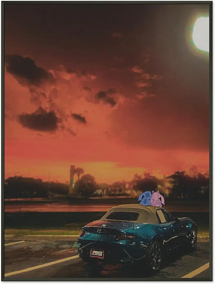 Neon Sunset Drive — Surreal Car Photography Print. Premium Semi-Glossy Paper Metal Framed Poster Size 60x80 cm / 24x32″