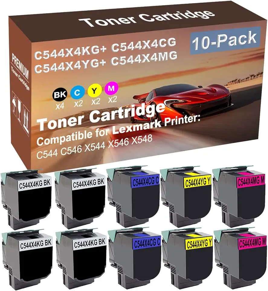 10-Pack (4BK+2C+2Y+2M) Compatible High Yield C544X4KG+ C544X4CG+ C544X4YG+ C540H2MG Laser Printer Toner Cartridge Used for C544 C546 X544 X546 X548 Printer