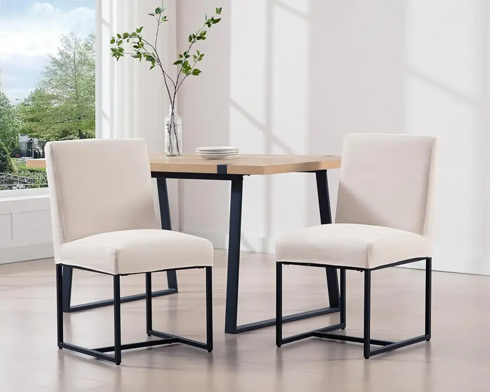 HNY Mid Century Modern Upholstered Dining Chairs Set of 2 with Seat Covers, Linen Fabric Kitchen & Dining Room Chair Side Chairs with Black Finish Metal Frame, Cream