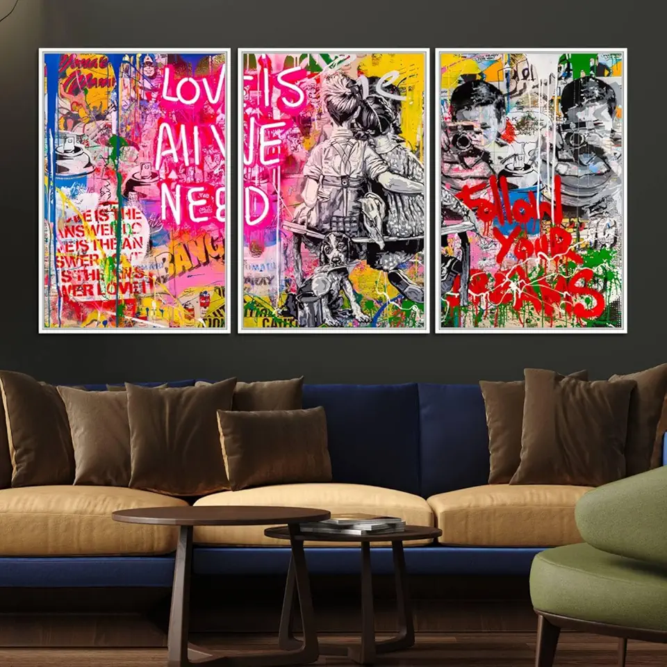 Follow Your Dreams & Love is All We Need Graffiti Street Art Triptych | Colorful Urban Wall Art 3 Panel Floating Frame/White / 90