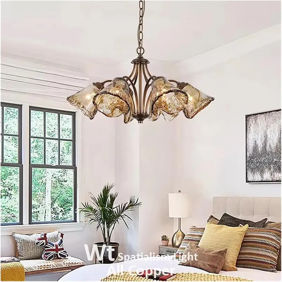 Copper Living Room Bedroom Dining Room Chandelier Kitchen Villa Luxury Retro Style Art Hanging Lamp Smoked Glass Brown Pendant Light, Retro