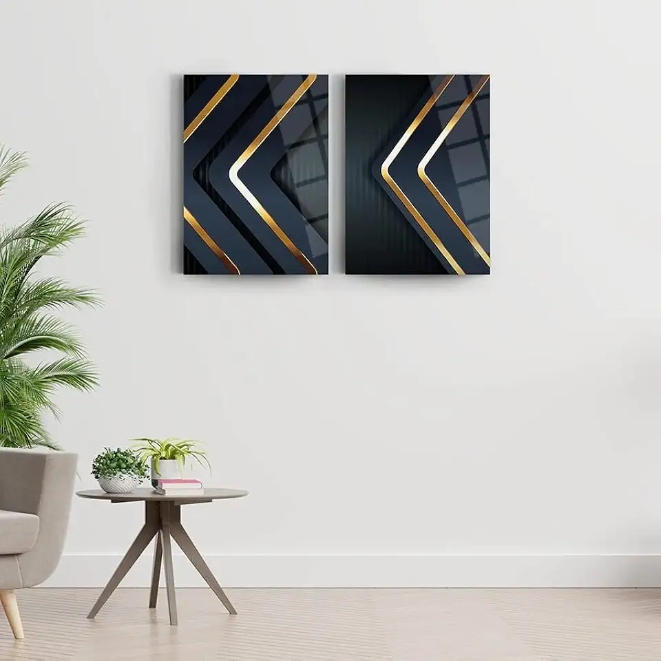 Golden Arrows Set Of 2 Wall Decor , Glass Wall Art, Frameless Free Floating Tempered Glass Panel, Living Room Decoration (27.5”W x 39.3”H – 70x100cm Each Piece)