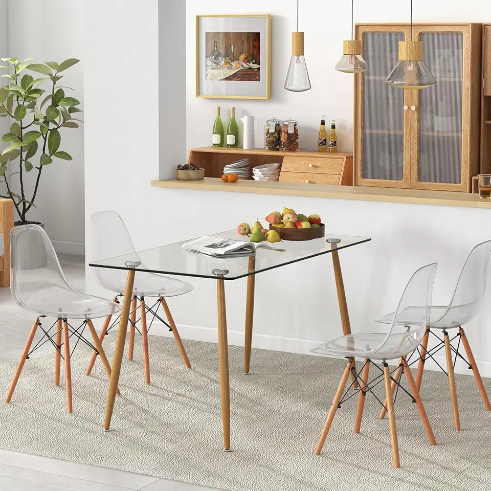 Moccha Dining Table Set for 4, Modern 5 Pieces Dinette Set, 51” Rectangular Glass Dining Table with 4 Transparent Chairs, for Dining Room, Space-Saving Table & Chair Set for Dining Room, Kitchen