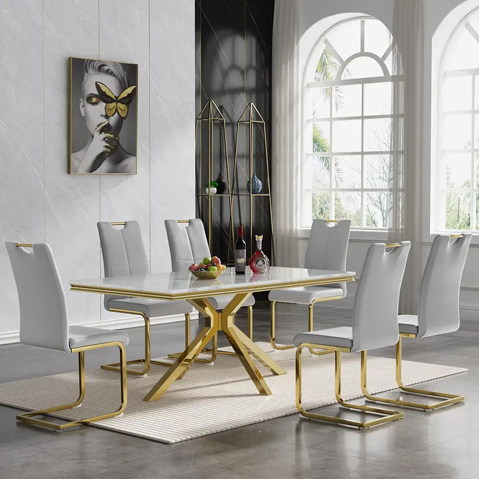 7 Piece Marble Dining Table Set, Luxurious 70