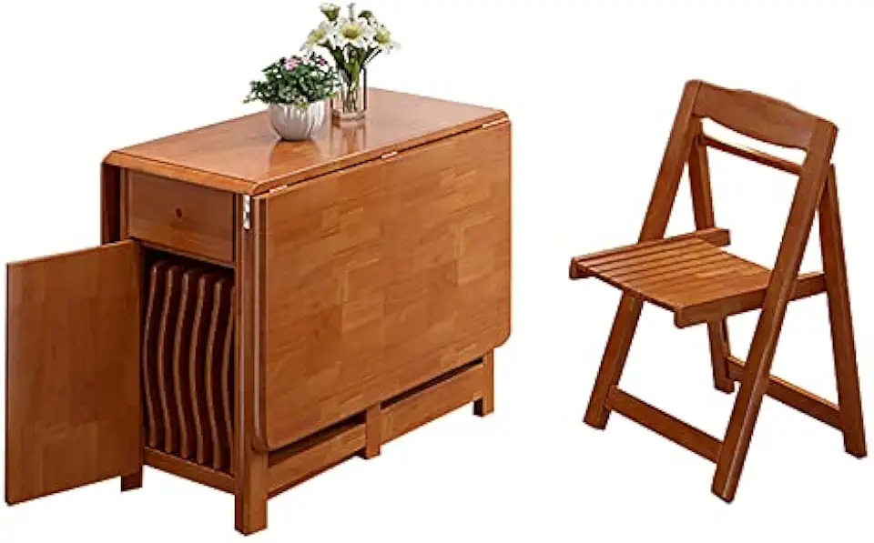 Folding Dining Table & Chairs Set Solid Wood Farmhouse Design Drop Leaf Extension Space Saving Kitchen Island with Wheels & Drawer for Easy Storage