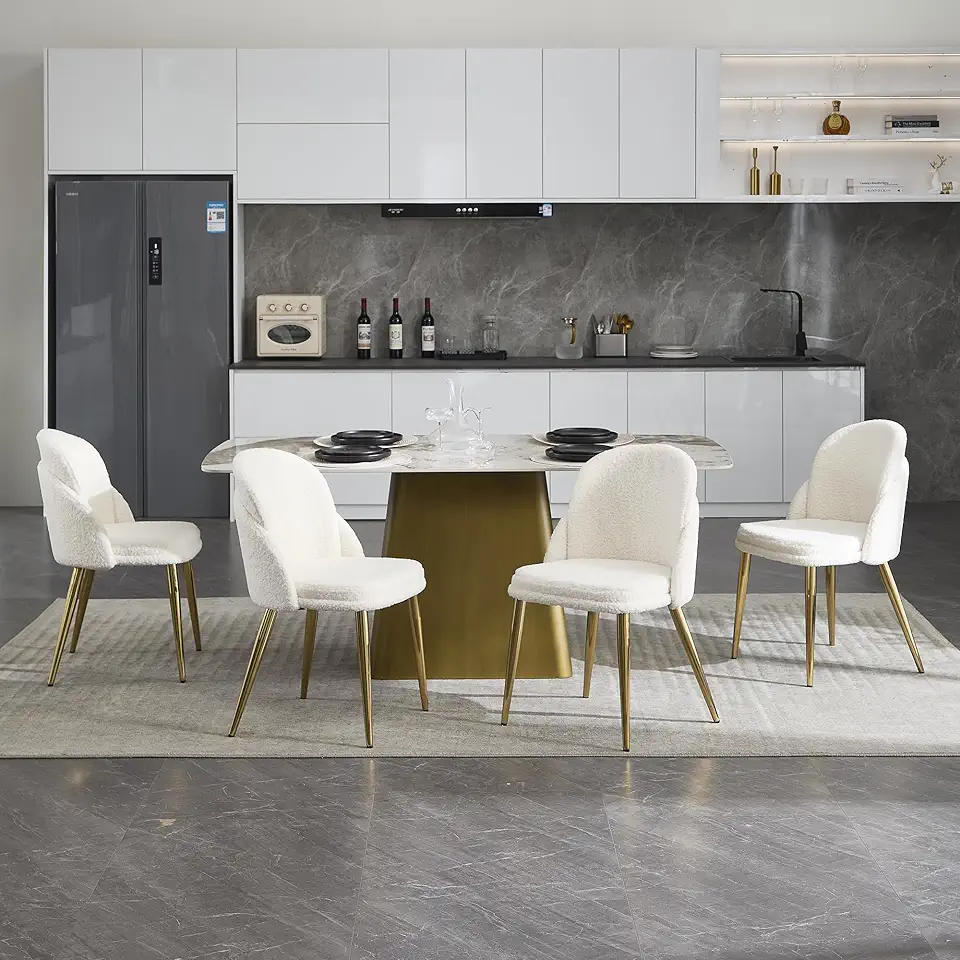 Boucle Dining Chairs Set of 4, Accent Armless Chair Modern Upholstered Kitchen Chairs with Golden Metal Legs for Kitchen Dining Room,White
