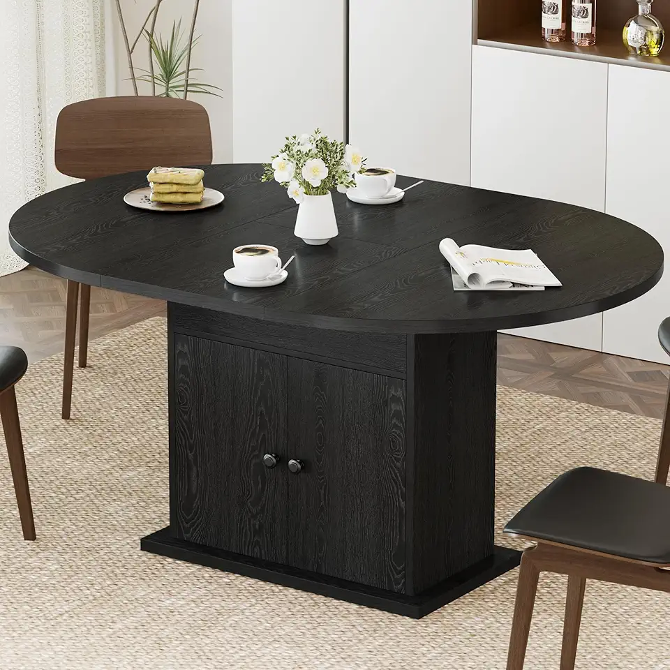 43.3''-59'' Extendable Round Dining Table for 4-8, Modern Expandable Dining Table with 2 Tier Storage, Space Saving Round Kitchen Table for Kitchen Living Room