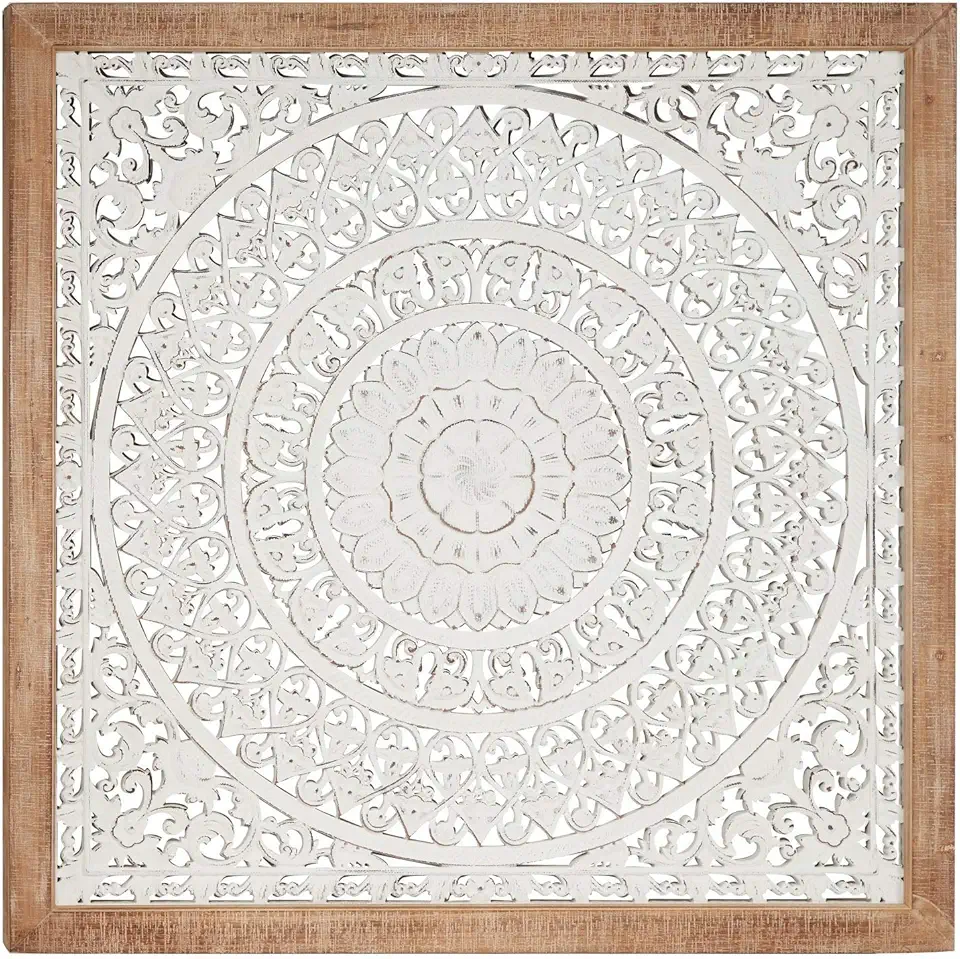 UKN Large Square Vintage White Carved Inlay Wood Wall 47