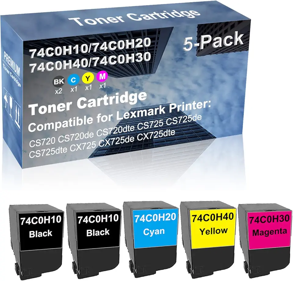 5-Pack (2BK+C+Y+M) Compatible CS725, CS725de, CS725dte Printer Toner Cartridge High Capacity Replacement for 74C0H10+ 74C0H20+ 74C0H40+ 74C0H30 Toner Cartridge