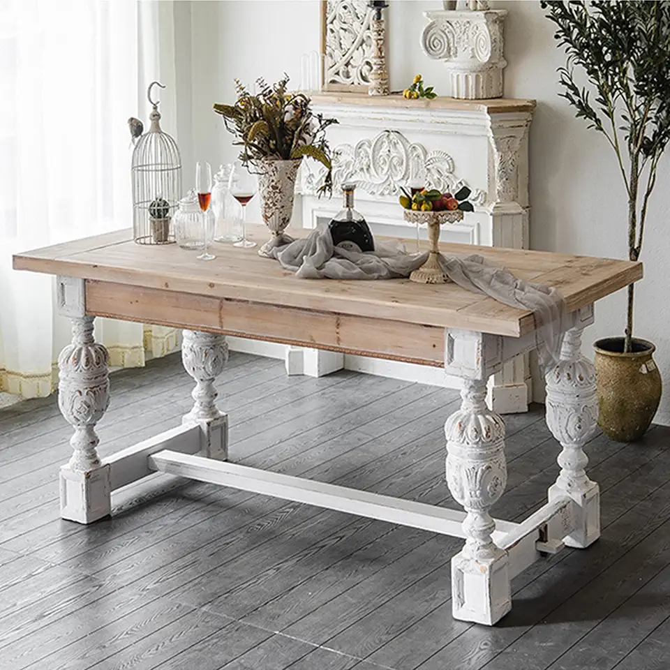 Large, Oversized Retro Coffee Table, Large Vintage End Table, Rural Rectangular Old Roman Column Carved Flower Tea Table, Antique Wood Center Table for Living Room