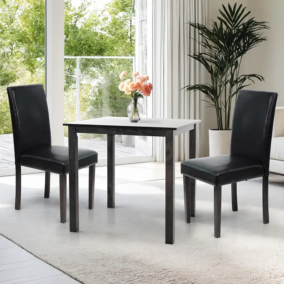 Wickerix 3 Pc Dining Room Dinette Kitchen Set Square Table and 2 Falabella Chairs Classic Style Solid Wood Espresso Finish