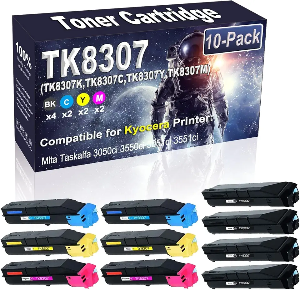 10-Pack (4BK/2C/2Y/2M) Compatible TK8307 TK-8307 (TK8307K TK8307C TK8307Y TK8307M) Laser Toner Cartridge Replacement for Kyocera Mita Taskalfa 3050ci 3550ci 3051ci 3551ci Printer