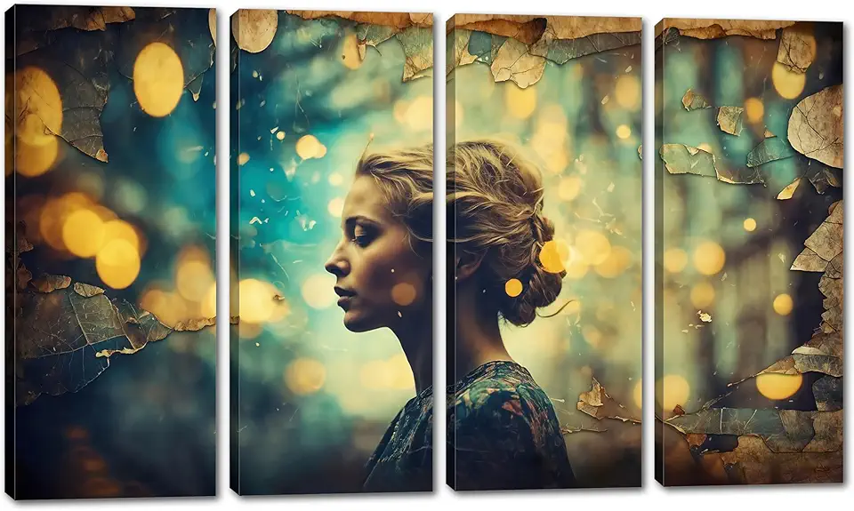 80 x 50 TOTAL - Surreal Canvas Wall Art dreamy woman's profile Bokeh Print, office art - 4 Panel Split