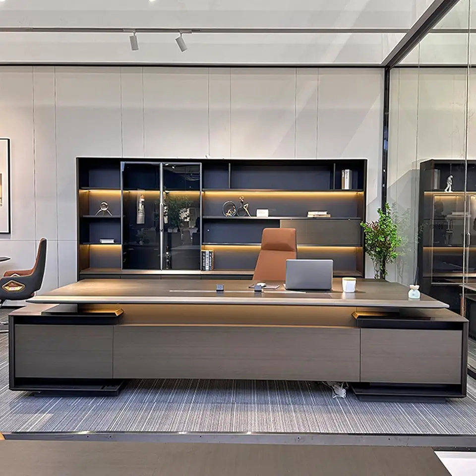 Large Brown Computer Desk Executive Office Desk with Lateral Cabinet Writing Study Table Business Furniture Set for CEO Boss