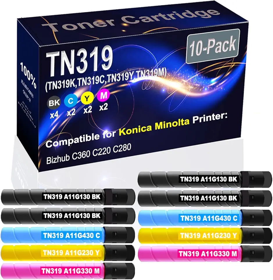 10-Pack (4BK+2C+2Y+2M) Compatible Bizhub C360 Laser Printer Toner Cartridge (High Capacity) Replacement for Konica Minolta TN319 TN-319 (TN319K TN319C TN319Y TN319M) Printer Toner Cartridge
