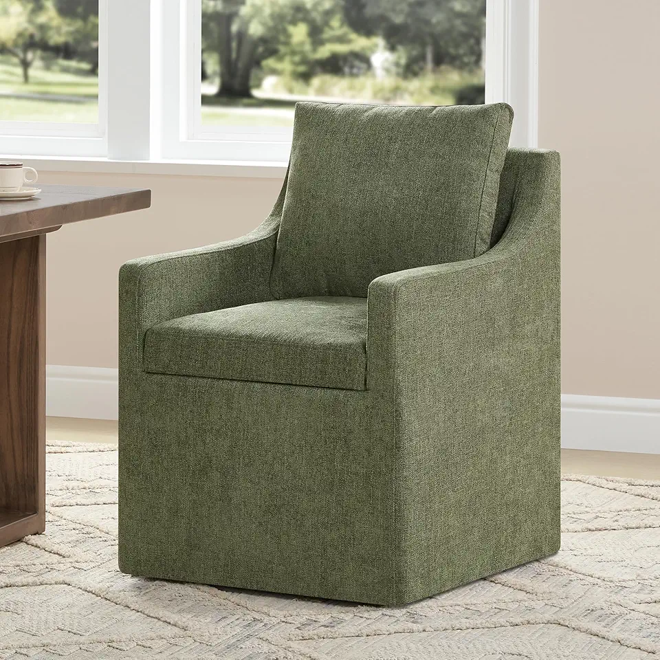 Upholstered Dining Chairs with Casters Easy Assembly Side Deskchair with Rollers for Diningroom Living Room, Green, 1 Box