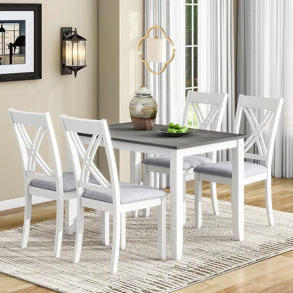 Merax Dining Table Set for 4, Rustic Minimalist Wood 5-Piece Dining Table Set with 4 X-Back Chairs, Dining Room Set for Small Places, Gray