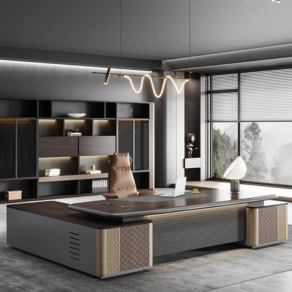 Modern Executive Desk, Large Workstation Office Computer Table, Simple Business Furniture Desk with File Cabinet Storage Space, Home Office Workstation, 260cm