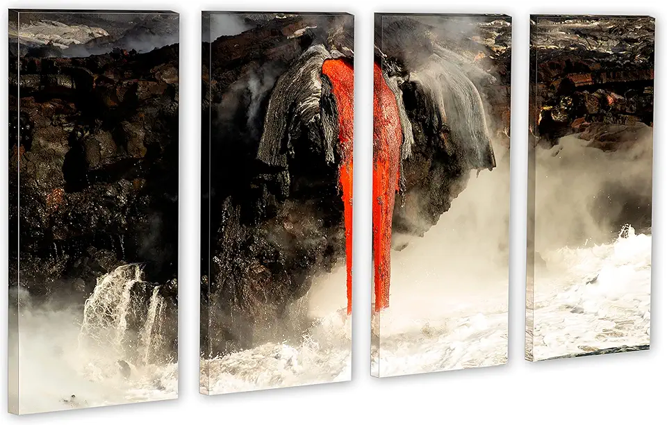80 x 50 TOTAL - Hawaii lava waterfall Canvas Print Wall Art. 4 Panel Split, home decor, interior design