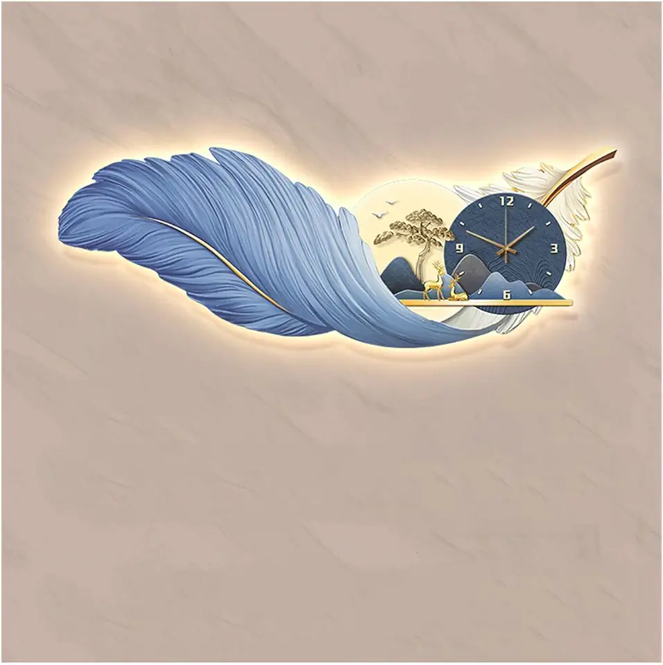 Decorative Painting with Clock Modern Feather Wall Clock Art Decor w/LED Light & Clock, Hand Painted Feather Wall Hanging Art for Living Room Bedroom Office Wall Lamp(Blue,140 * 51cm)