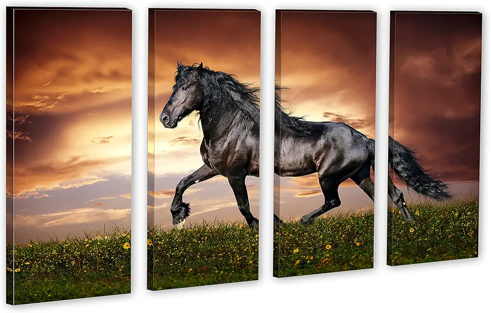 80 x 50 TOTAL - Black Stallion Horse Wall Art Canvas Print 4 Panel split, Friesian Horse home wall decor