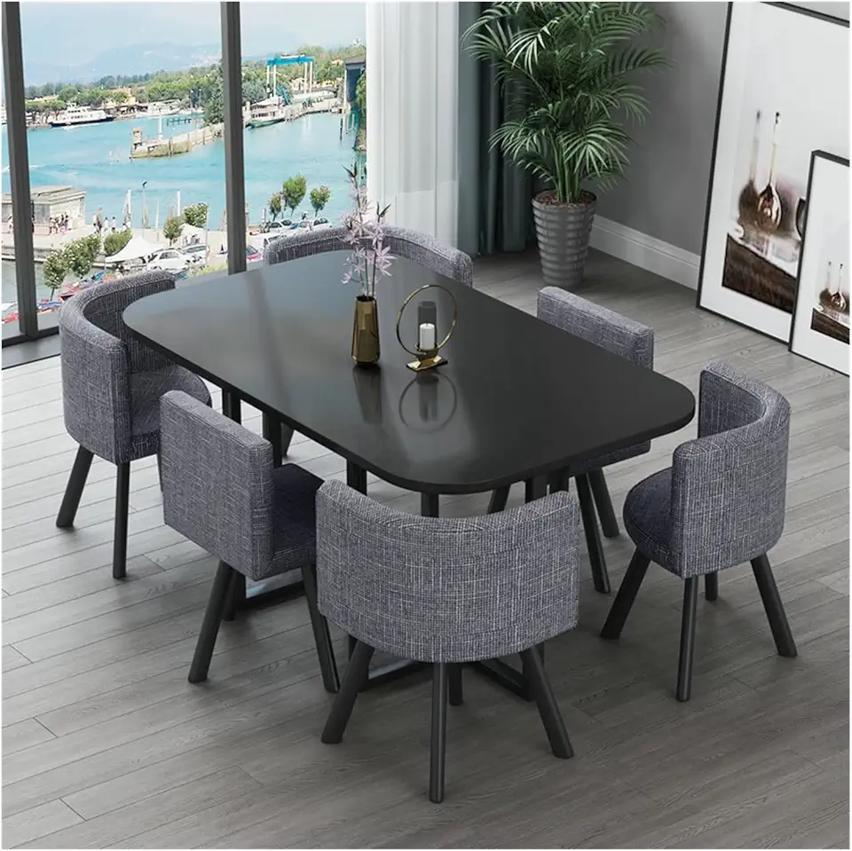 Business Reception Conference Room Table with Chair, Office Table and Chair Set Club 1 Table 6 Chairs Combination Lounge Library Meeting Room (5 Ft) (Color : Dark Grey Cloth)
