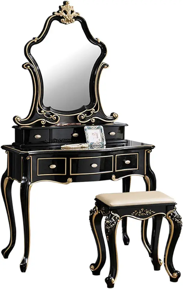 European Retro Dressing Table Vanity Table Set with Cushioned Stool 6 Drawers Three-Dimensional Relief Cosmetic Table Furniture Princess Bedroom Decoration Makeup Desk with Mirror for Girls Women 1.0M