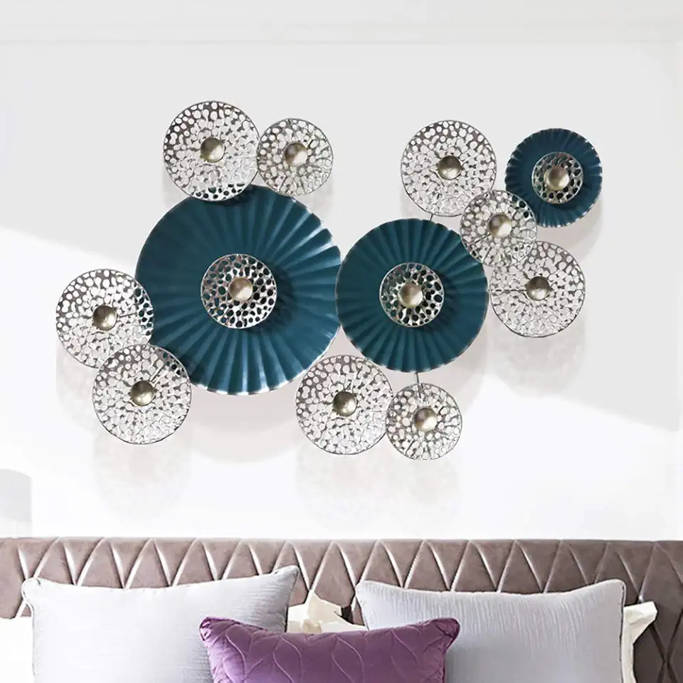 CAMBOS Wall Decor Metal Wall Decoration, Wrought Iron Wall Hanging, 3D Laminated Lotus Leaf Shape, Wrought Iron Decoration Hotel Porch Restaurant Wall Decoration, Green + Silver 74.5 52CM