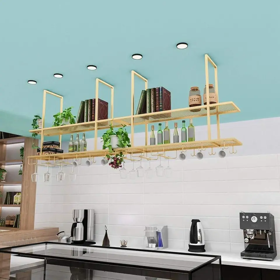 Iron Art 2-Tier Ceiling Wine Rack with Glass Holder – Upside Down Stemware & Wine Bottle Storage for Kitchen, Bar, Cafe