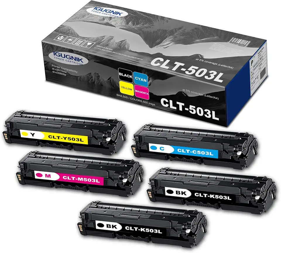 5-Pack 2BK/1C/1M/1Y CLT-K503L C503L Y503L M503L High Yield Toner Cartridge(with chip), Replacement for Samsung CLT-K503L C503L Y503L M503L for sl-c3010dw sl-c3060fw Printer