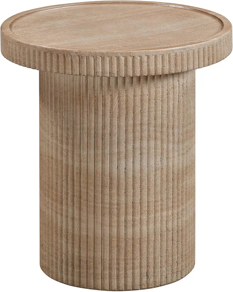 First of a Kind Travertine Concrete Side Table - Indoor/Outdoor, Fiberglass Reinforced - Fluted Design, 17.8