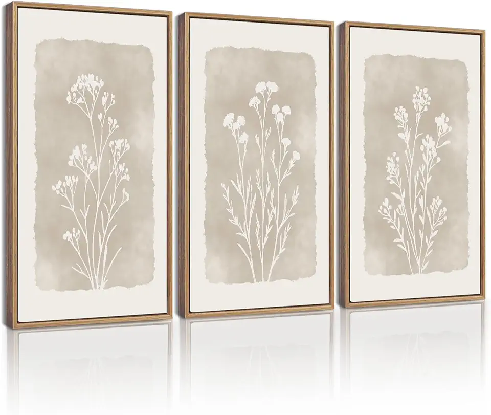 KUVIOKE Boho Botanical Flower Framed Wall Art Farmhouse Vintage Floral Wall Painting Rustic Wildflower Neutral Prints Artwork Home Decor 16x24in (Natural Framed)