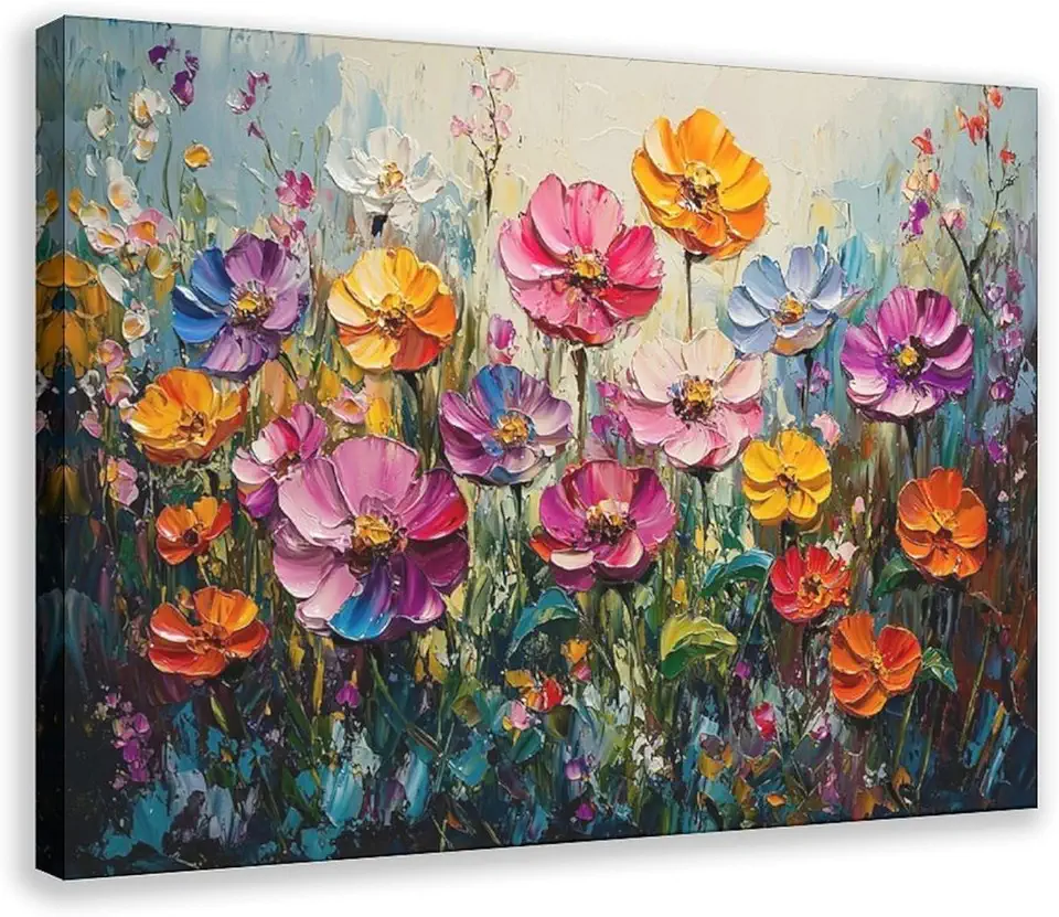 Vibrant Flower Garden Wall Art – Colorful Bloom Canvas Print – Cheerful Floral Artwork for Living Room & Bedroom Decor Canvas Poster Wall Art Decor Print Picture Paintings for Living Room Bedroom Deco
