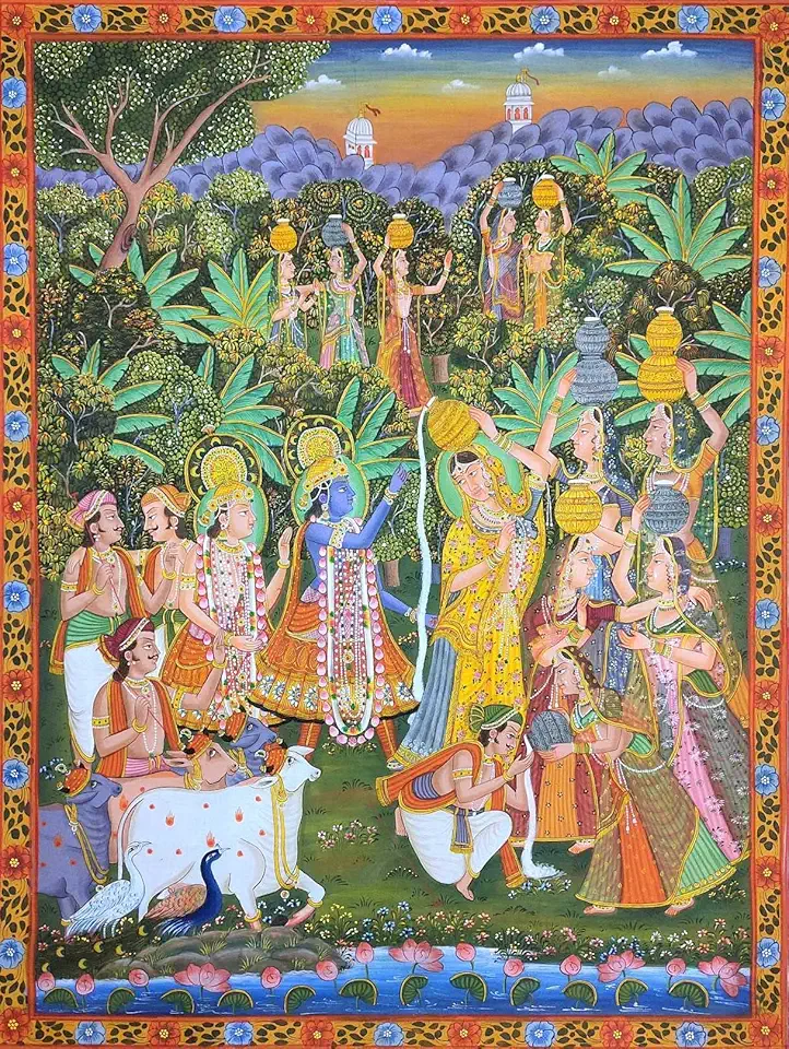 PH Artistic Pichwai Art Hindu Original Krishna Painting on Cotton Cloth Unframed Handmade A