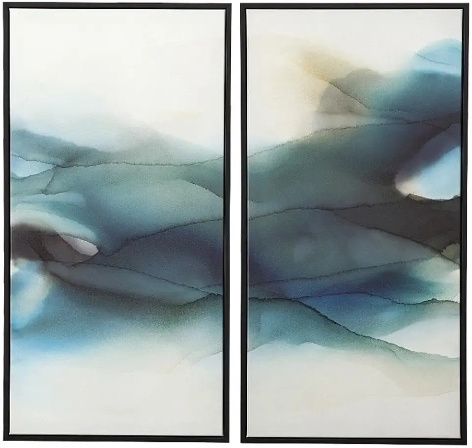 Maklaine Canvas Fabric Watercolor Arts in Navy/Teal (Set of 2)