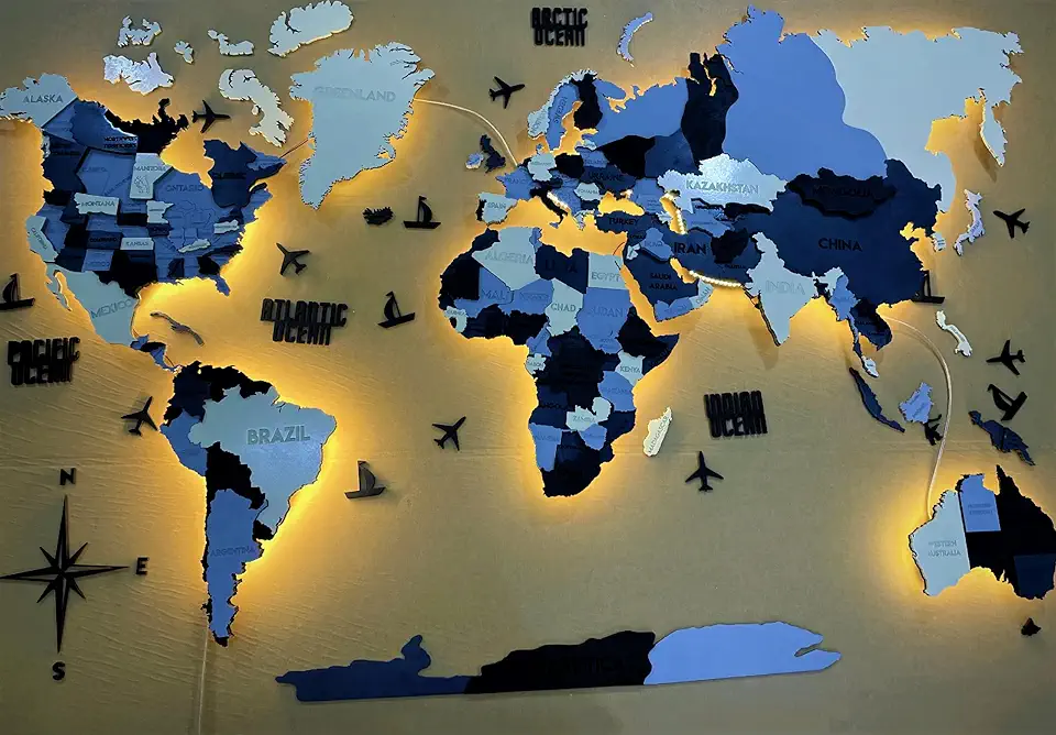 World 3D LED map, Wood World Map, 3D Wall Decor, Wall Art Decor, Housewarming Gift, Multilayered World Map in color Blueberry (L - 79 * 47 inch (200x120 cm))