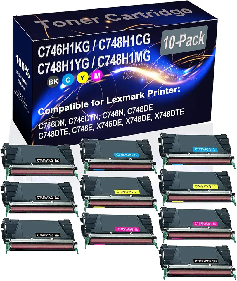 10-Pack (4BK+2C+2Y+2M) Compatible High Yield C746H1KG C748H1CG C748H1YG C748H1MG Printer Toner Cartridge use for C746DN C746DTN C746N Printers