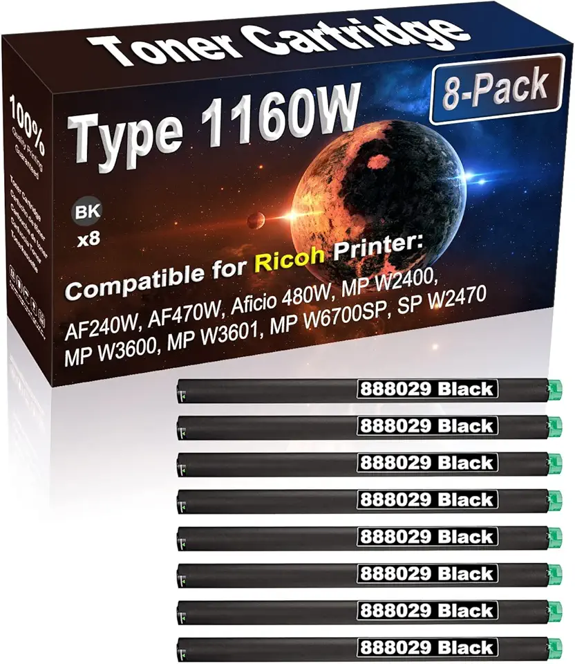 8-Pack (Black) Compatible High Yield 888029 | Type 1160W Laser Printer Toner Cartridge use for Ricoh AF240W AF470W Aficio 480W MP W2400 MP W3600 MP W3601 Printer