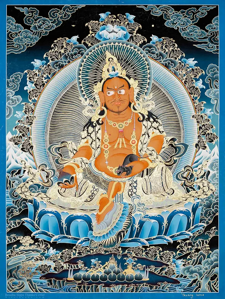 Authentic Zambala Thangka – A Unique Tibetan Scroll Showcasing the Deity of Fortune, Fully Handmade Using Natural Pigments, Genuine Materials, and Adorned with 24-Carat Gold for Altar Corners, 61✕46 cm