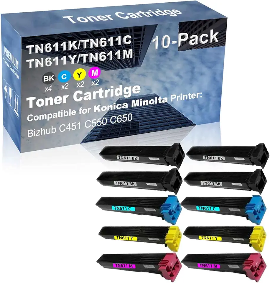 10-Pack (4BK+2C+2Y+2M) Compatible High Capacity TN611 (TN611K+ TN611C+ TN611Y+ TN611M) Toner Cartridge Used for Konica Minolta Bizhub C451 C550 C650 Printer