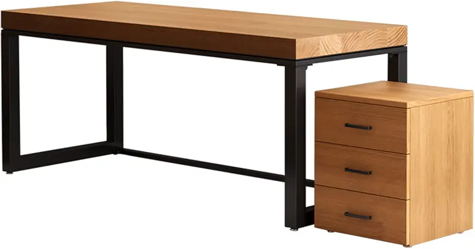 Computer Desk Solid Wood Office Desk Computer Desk with Storage Cabinet, Desktop 5cm Thick Home Office Writing Desk Meeting Table, Easy to Assemble