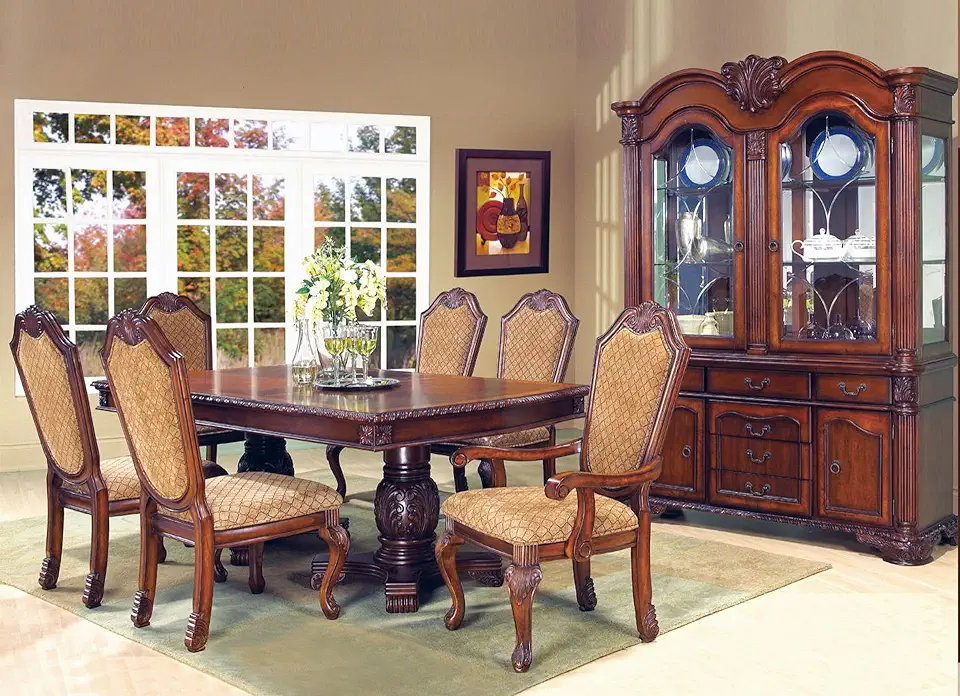 First of a Kind Cosmos Furniture Veronica Cherry 9 Pc Dining Set - Elegant Carved Wood Table with 2 Armchairs, 4 Side Chairs, Buffet, and Hutch - Perfect for Luxurious Family Size Dining