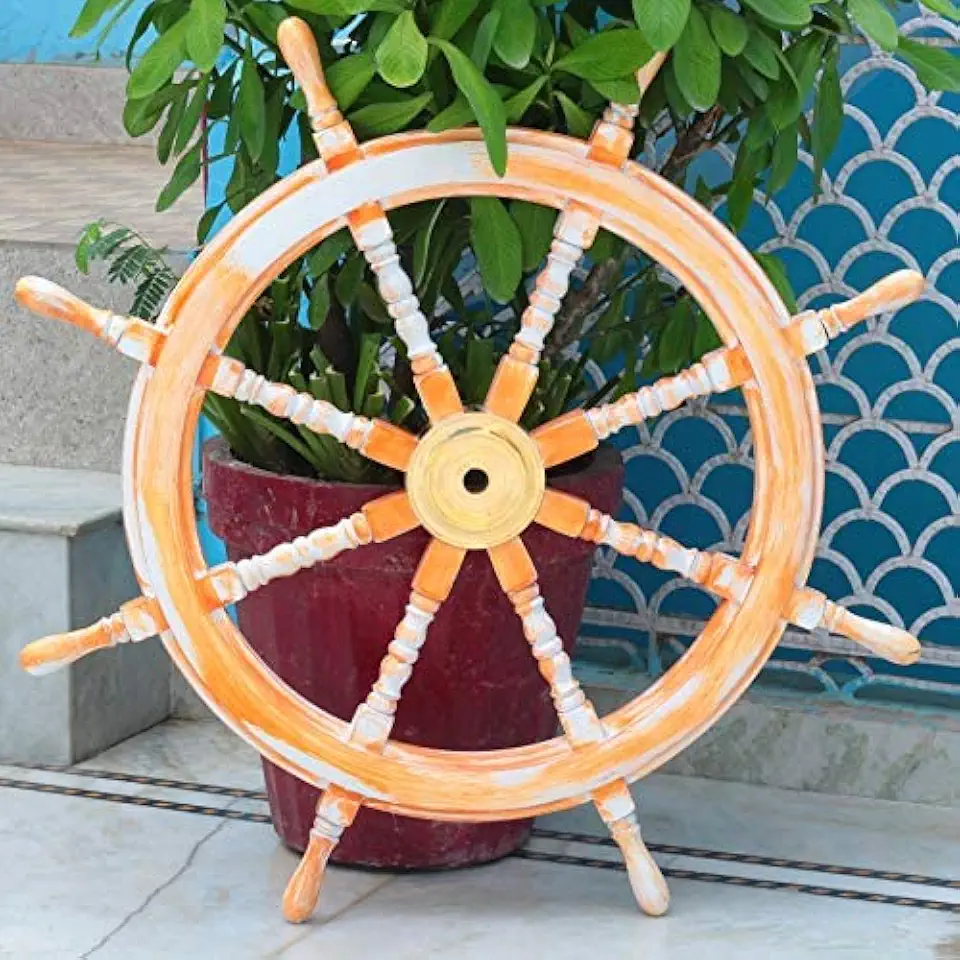 Pirate's Ship Wheel | Distressed Orange Weather Finish | Nautical Wall Hanging Decor Ideas | Boat's Steering Ship Wheel | Stylish Wall Hanging Ideas | Nautical Home Decor (72 Inches)