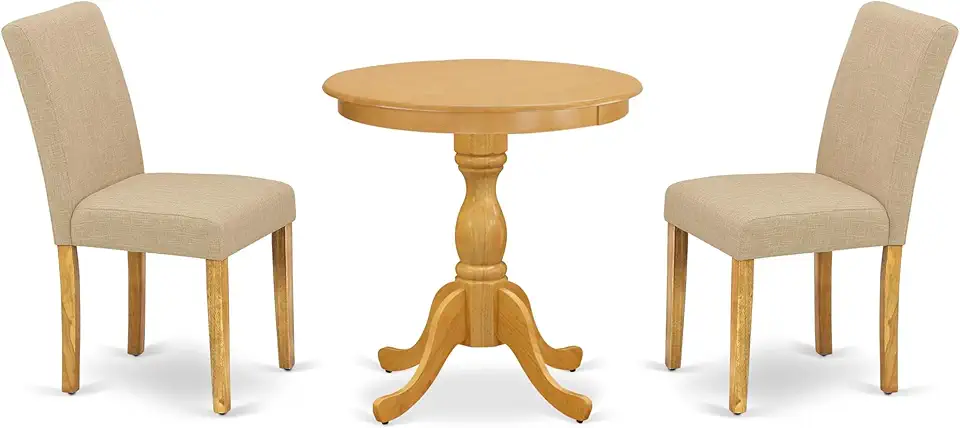 East West Furniture ESAB3-OAK-04 3 Piece Dining Table Set for Small Spaces Contains a Round Wooden Table with Pedestal and 2 Light Tan Linen Fabric Parson Chairs, 30x30 Inch, Oak