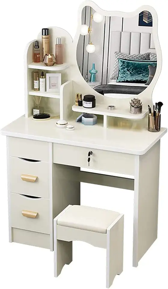 Vanity Table Set Dressing Desk with Stool Makeup Mirror 4 Storage Drawers Bedroom Vanity Set with Multi-Layer Storage Partition Shelf Large Capacity Cosmetics Storage Cabinet Easy to Assemble
