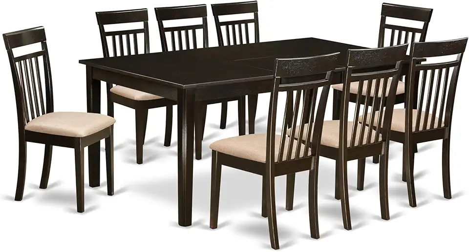 East West Furniture HECA9-CAP-C 9 Piece Dining Set Includes a Rectangle Dining Room Table with Pedestal and 8 Linen Fabric Upholstered Kitchen Chairs, 42x72 Inch, Cappuccino