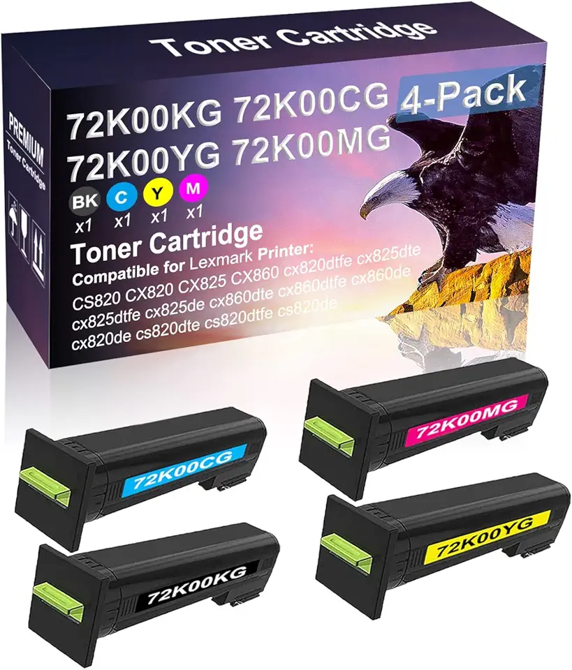 4 Pack (BK+C+Y+M) Compatible (High Yield) 72K00KG 72K00CG 72K00YG 72K00MG Toner Cartridge Used for cx860dtfe cx860de cx820de cs820dte cs820dtfe cs820de Printer