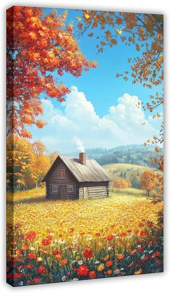 Rustic Farmhouse Wall Print – Autumn Country Canvas Painting with Flower Fields And Blue Sky – Seasonal Wall Art for Home Decor Canvas Poster Wall Art Decor Print Picture Paintings for Living Room Bed