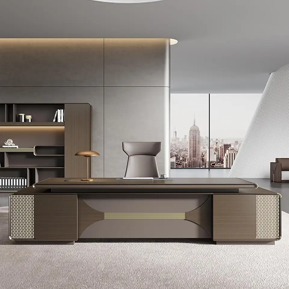 Brown L-Shaped Computer Desk Executive Office Desk with File Drawers Study Writing Table Business Furniture Set for CEO Boss